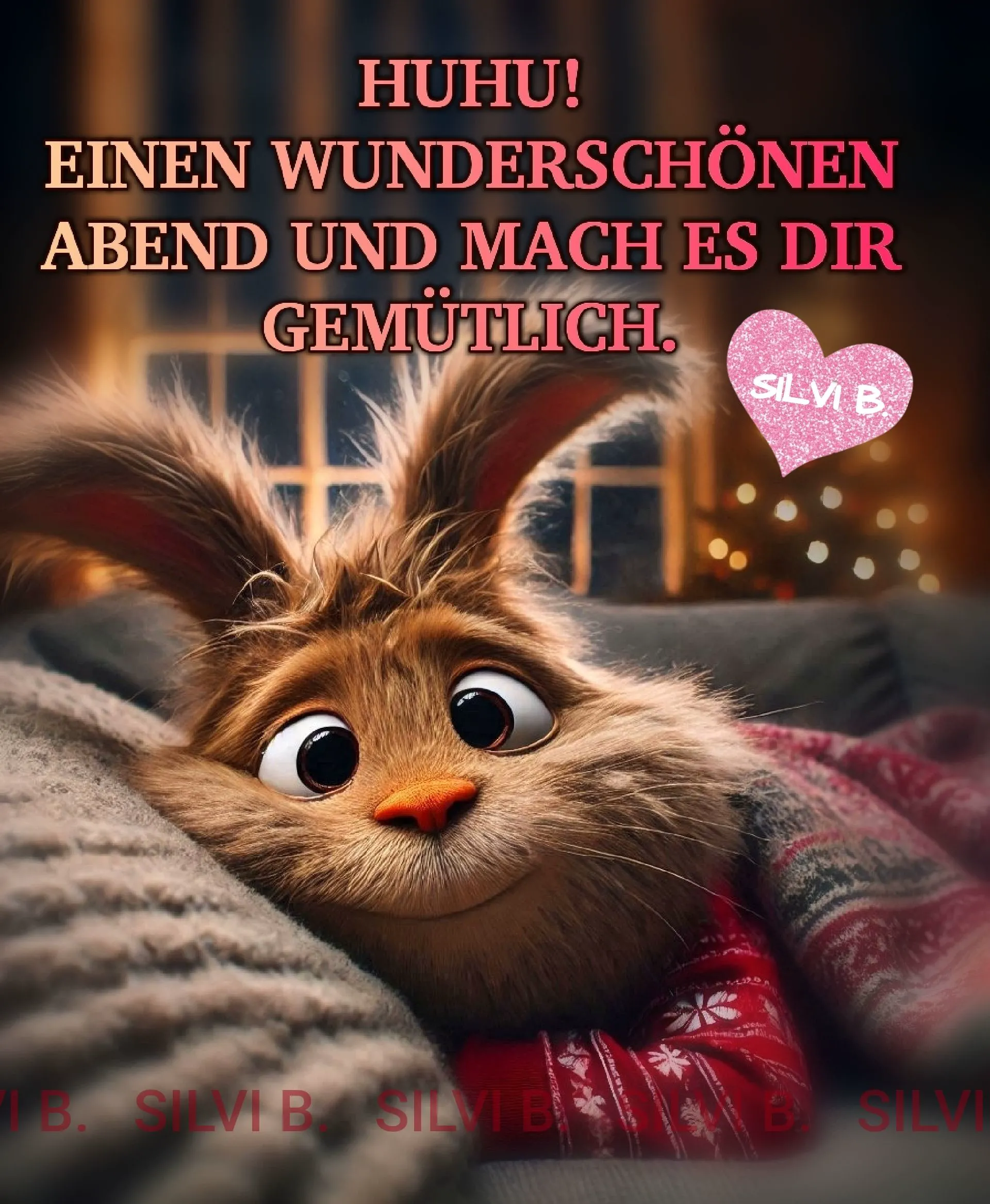Ein Cartoon-Hase mit großen Augen liegt auf einem Sofa, umgeben von gemütlichen Kissen und einer warmen Atmosphäre.